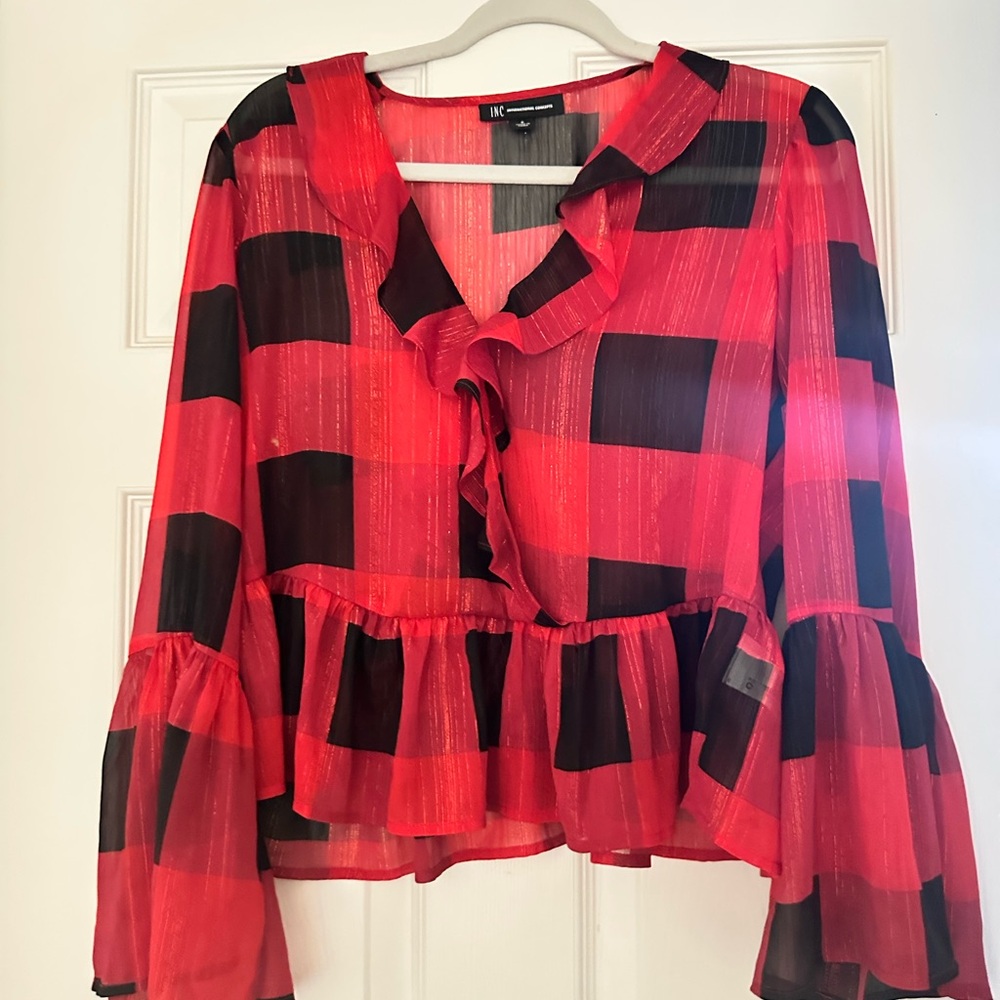 INC International Concepts Red and Black Plaid Ruffle Blouse